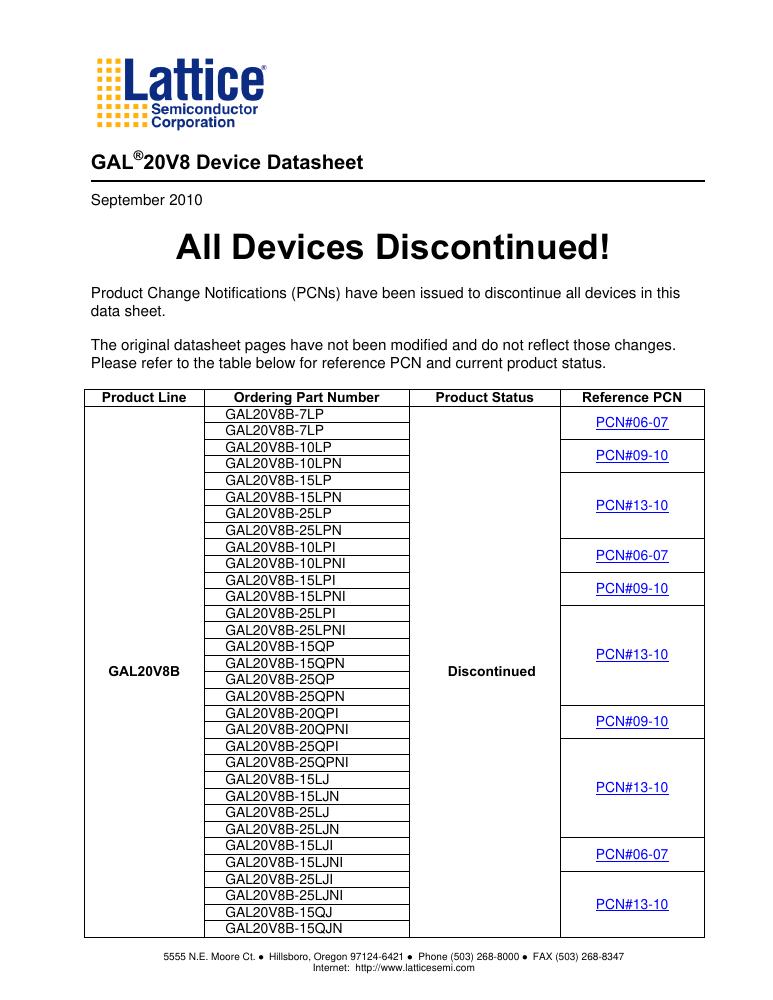 GAL20V8B-25QPNI Lattice Semiconductor Corporation — datasheet