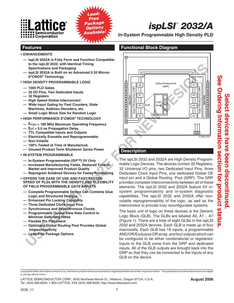ISPLSI 2032A-80LJN44 Lattice Semiconductor Corporation — datasheet
