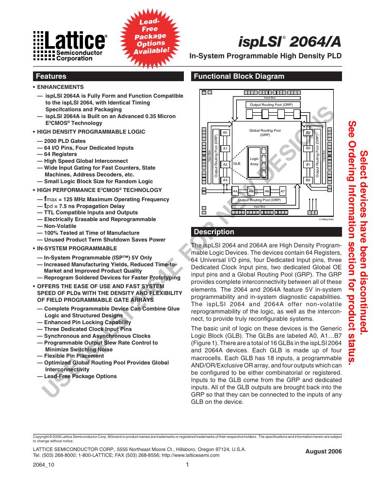 ISPLSI 2064A-80LJN84I Lattice Semiconductor Corporation — datasheet