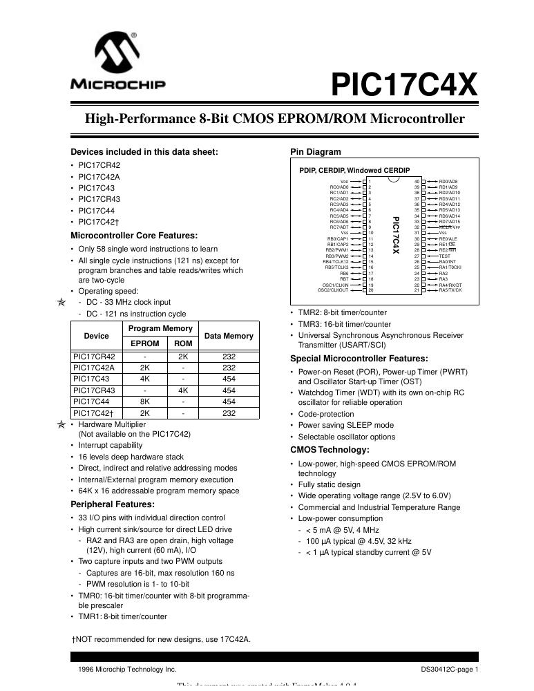 PIC17C44T-33I/PT Microchip Technology — datasheet
