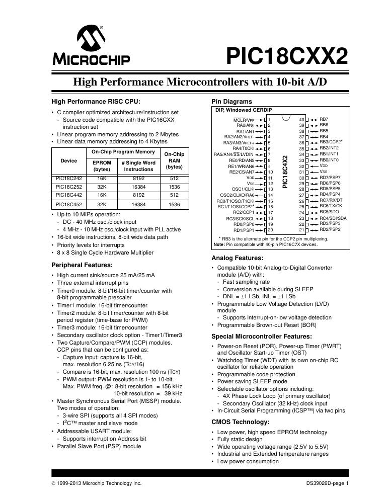 PIC18C442-E/P Microchip Technology — datasheet