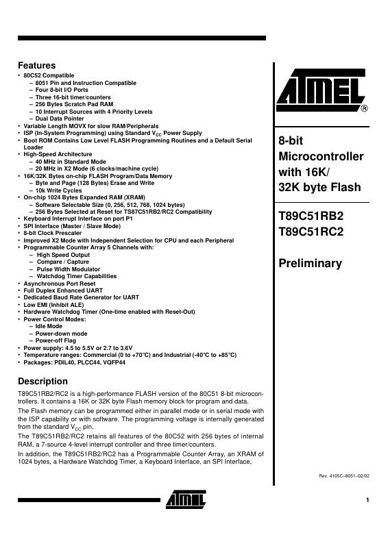 T89C51RC2-RLTIM Microchip Technology — datasheet