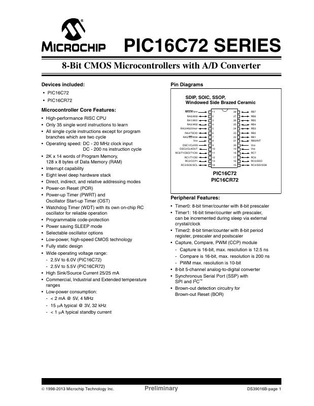 PIC16LC72-04I/SS Microchip Technology — datasheet
