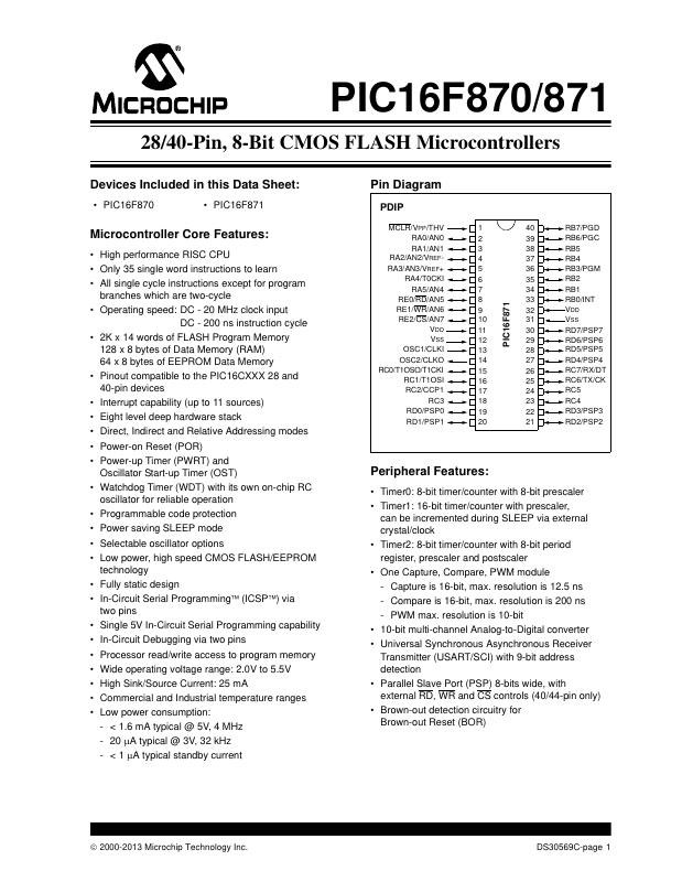 PIC16F871-E/P Microchip Technology — datasheet