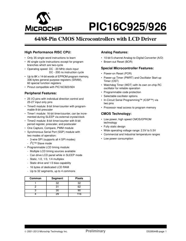 PIC16LC926T-I/L Microchip Technology — datasheet