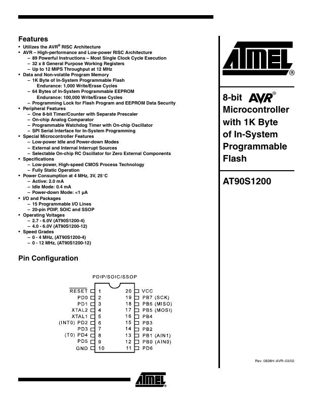 AT90S1200A-4PC Microchip Technology — datasheet