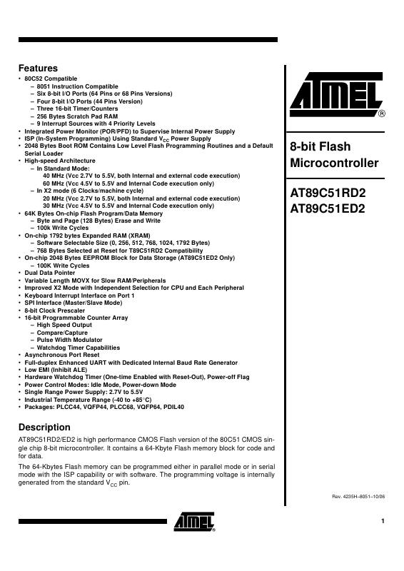 AT89C51RD2-SLSIM Microchip Technology — datasheet