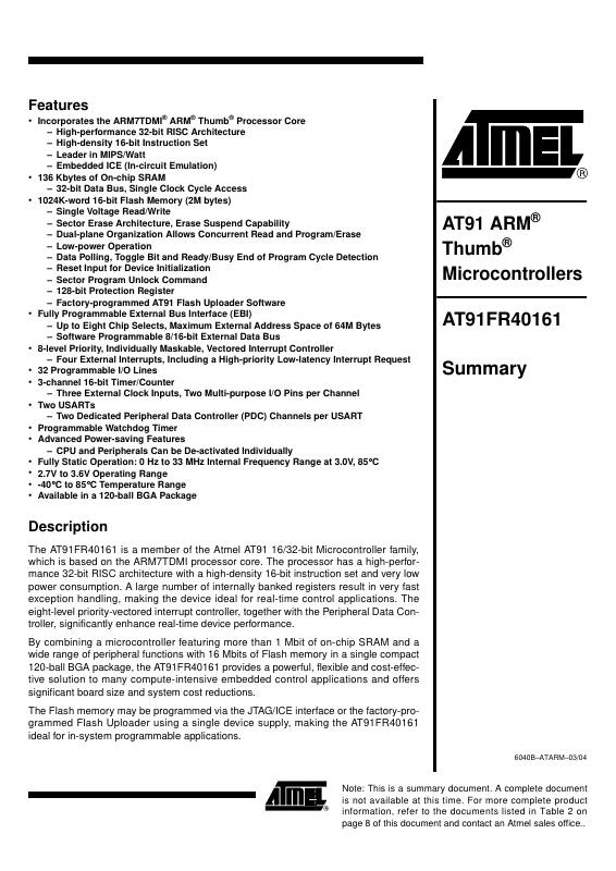 AT91FR40161-CI Microchip Technology — datasheet