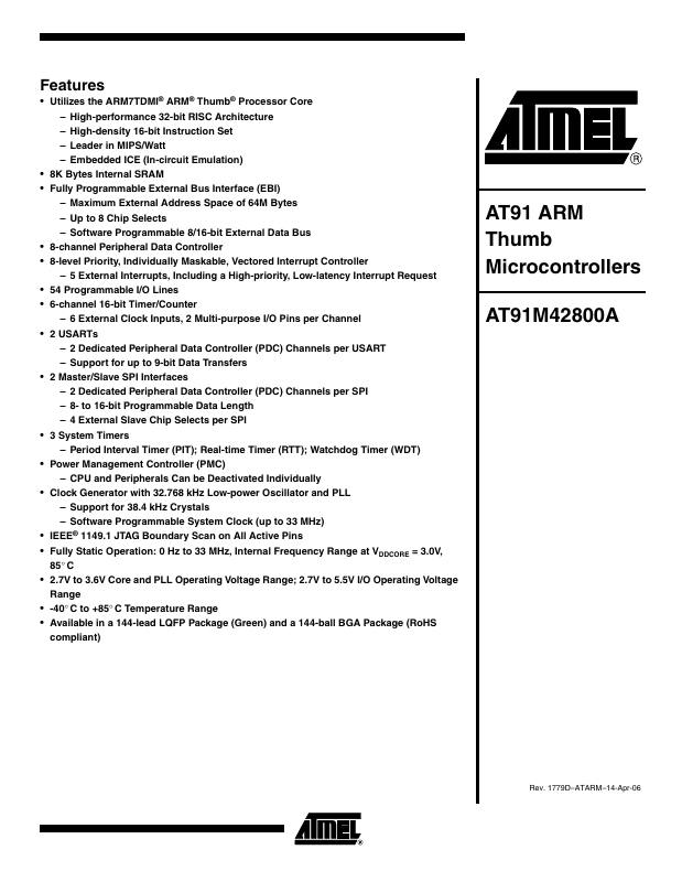 AT91M42800A-33AI-T Microchip Technology — datasheet