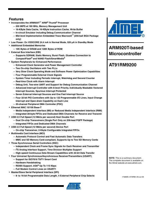 AT91RM9200-QI-002-T Microchip Technology — datasheet