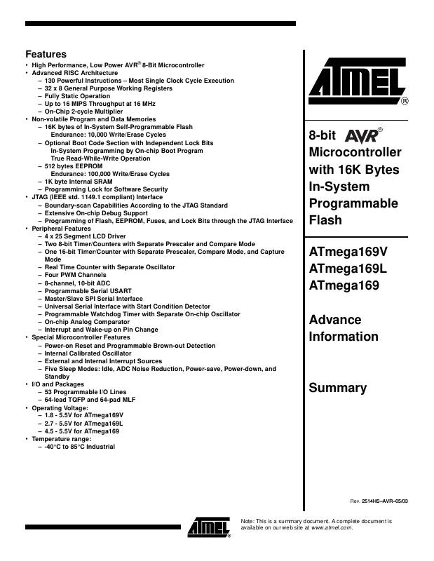 ATMEGA169V-1MC Microchip Technology — datasheet