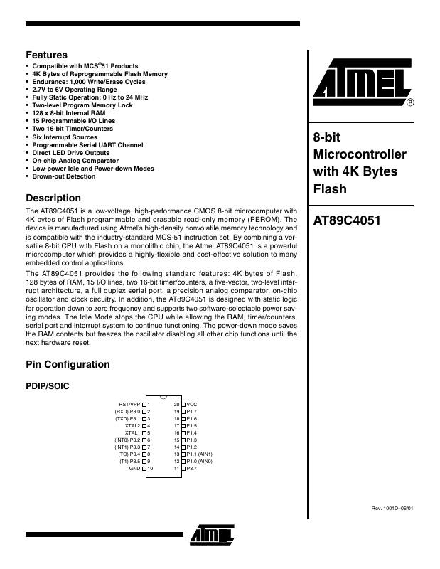 AT89C4051-12PC Microchip Technology — datasheet