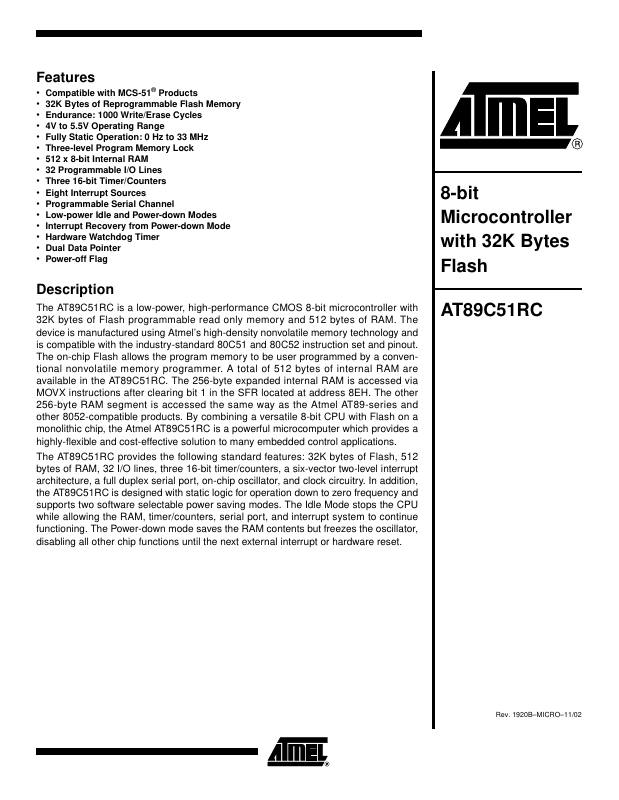 AT89C51RC-24JI Microchip Technology — datasheet