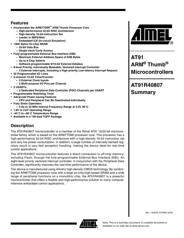 AT91R40807-33AU Microchip Technology — datasheet