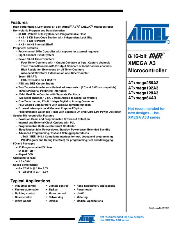 ATXMEGA256A3-AU Microchip Technology — datasheet