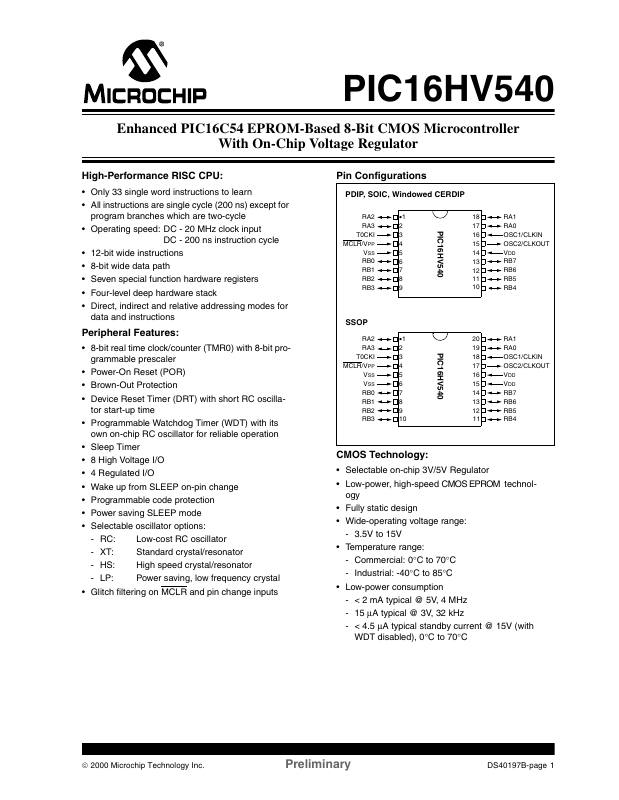 PIC16HV540-04I/SO Microchip Technology — datasheet