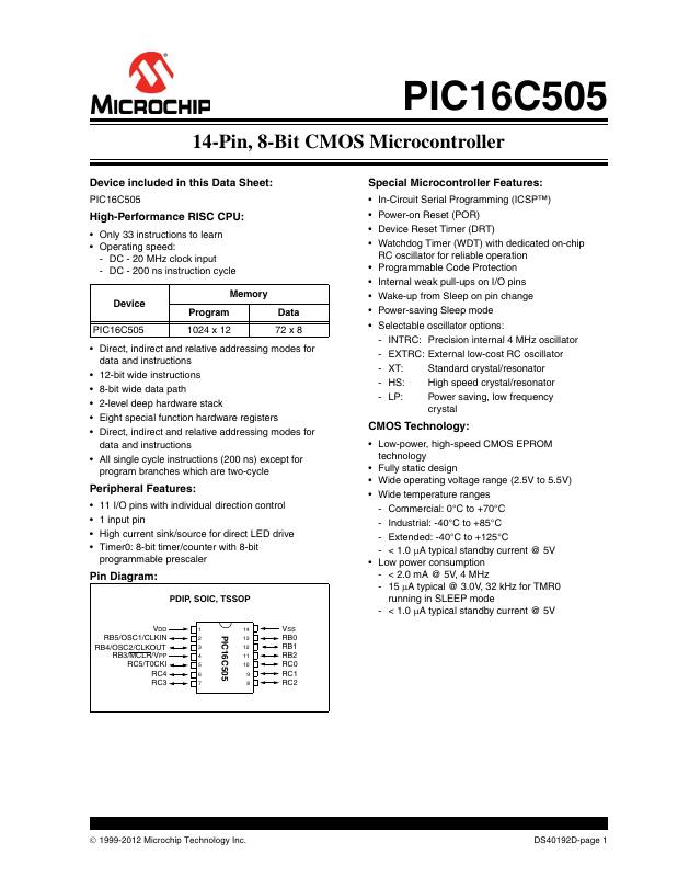 PIC16C505-04/P Microchip Technology — datasheet