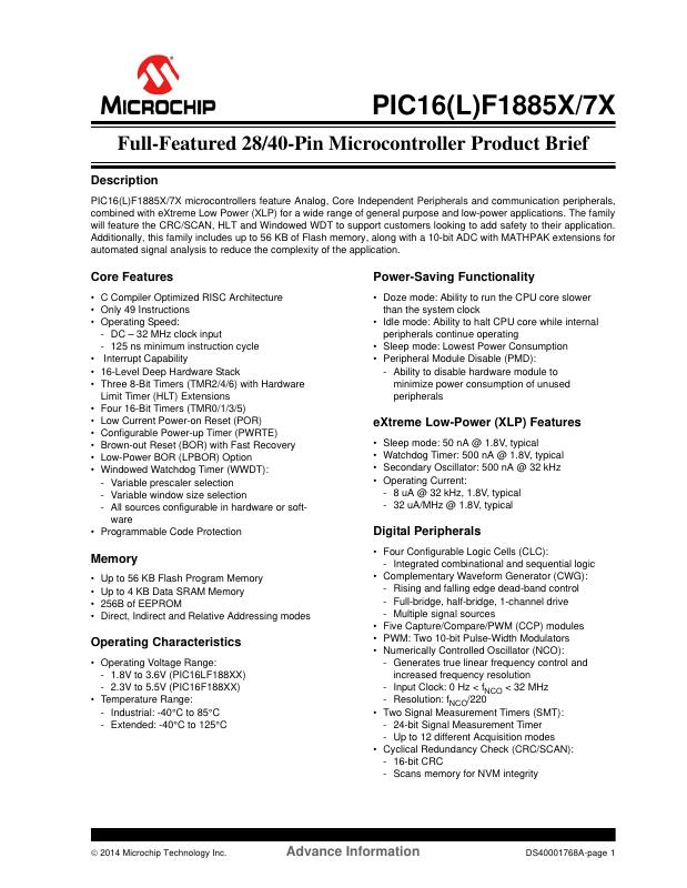 PIC16F18857-E/ML Microchip Technology — datasheet