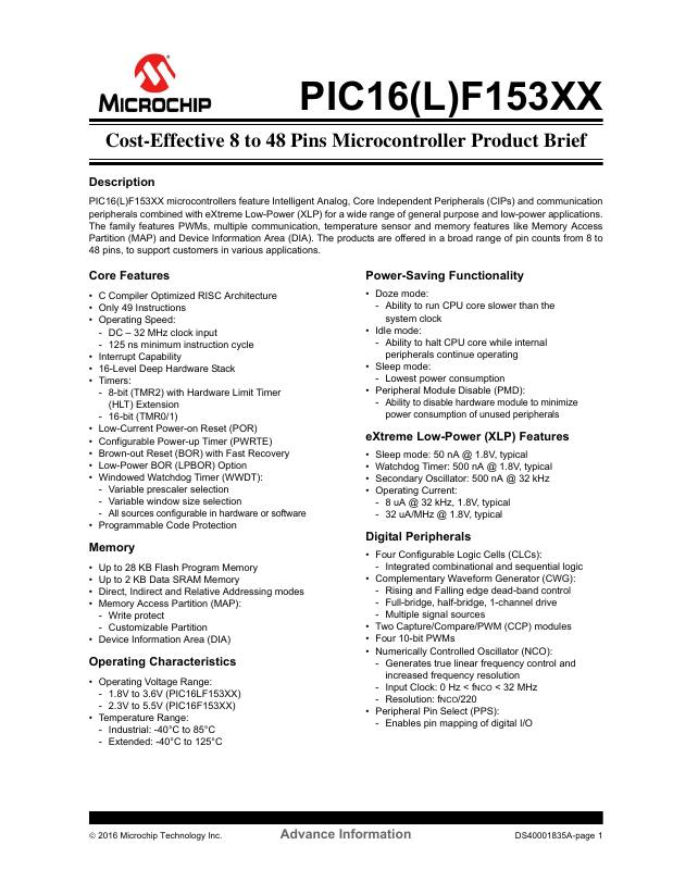 PIC16F15375-I/ML Microchip Technology — datasheet