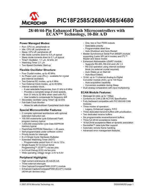 PIC18LF4585T-I/ML Microchip Technology — datasheet