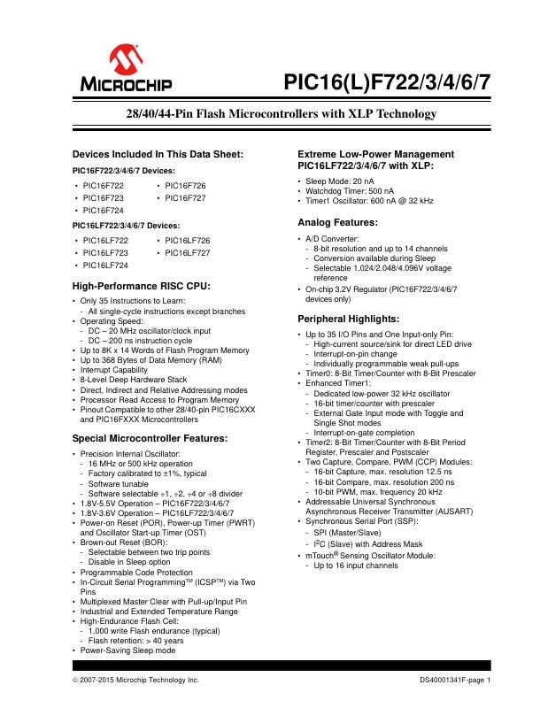 PIC16LF722T-I/SO Microchip Technology — datasheet