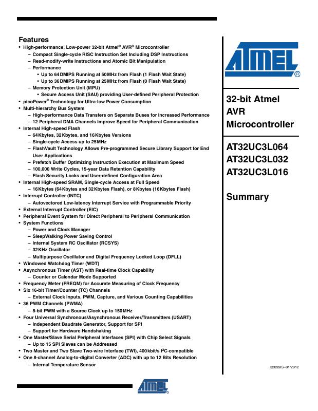 AT32UC3L016-AUT Microchip Technology — datasheet