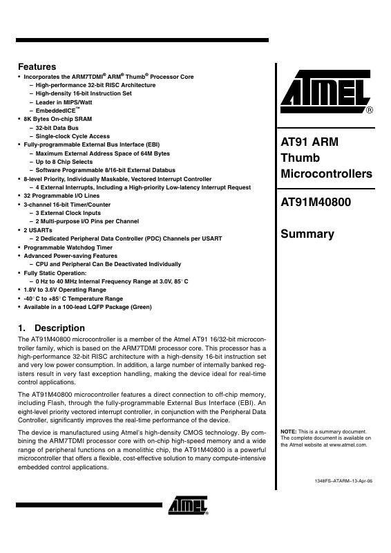 AT91M40800-33AI Microchip Technology — datasheet