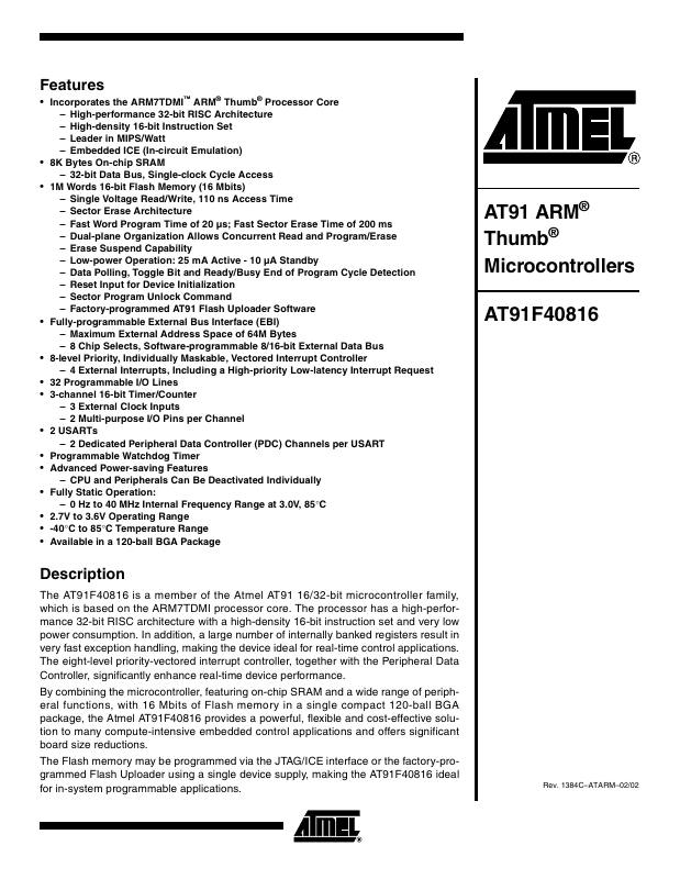 AT91F40816-33CI Microchip Technology — datasheet