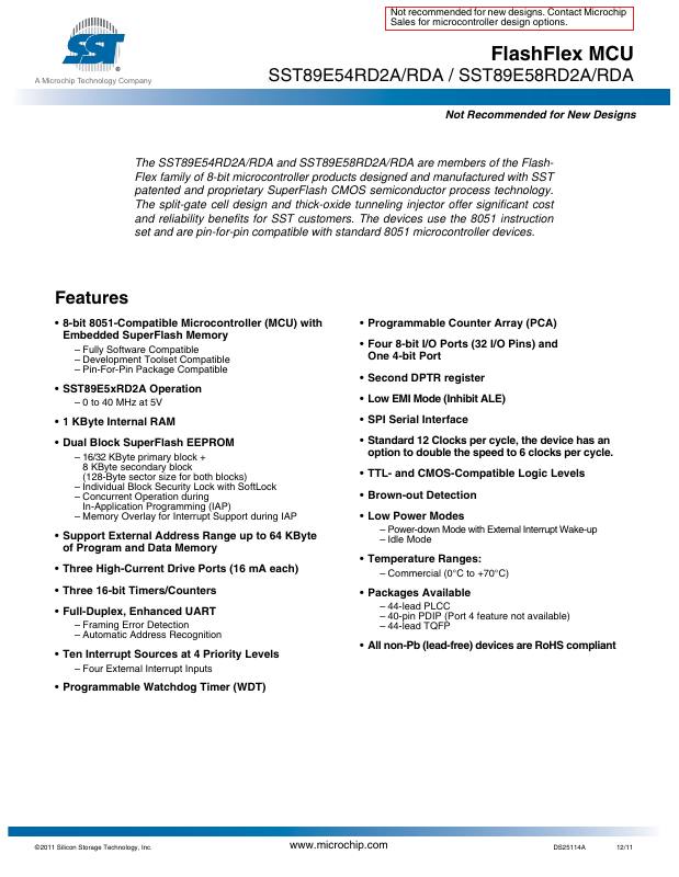 SST89E58RD2-40-I-TQJE Microchip Technology — datasheet
