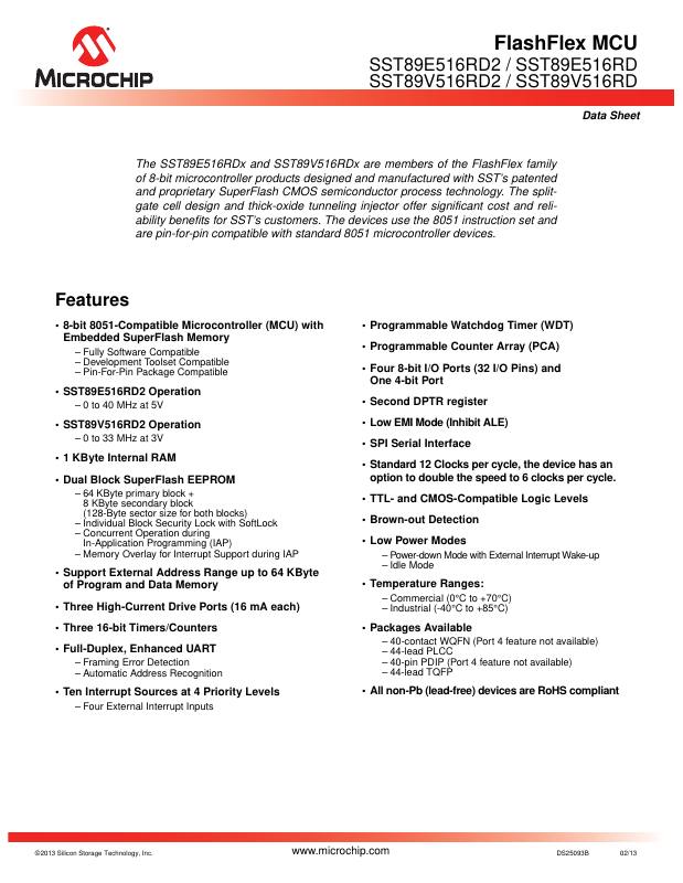 SST89V516RD2-33-I-TQJE Microchip Technology — datasheet