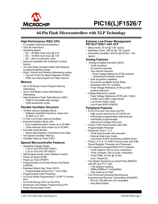 PIC16LF1527T-I/PT Microchip Technology — datasheet