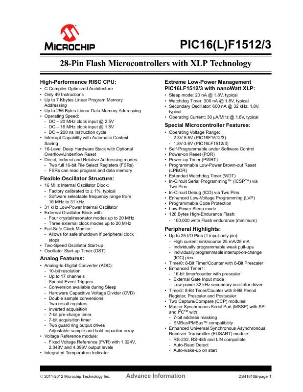 PIC16F1512T-I/MV Microchip Technology — datasheet