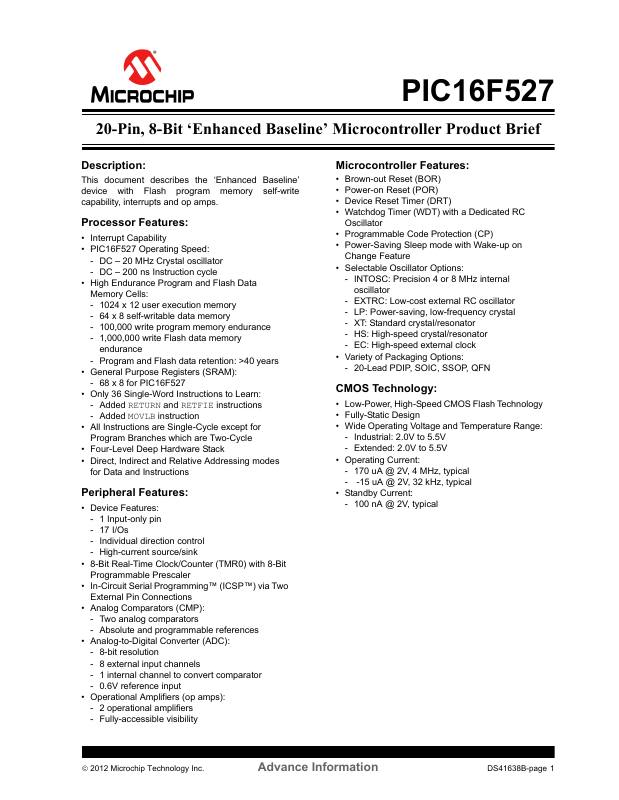 PIC16F527-E/SS Microchip Technology — datasheet