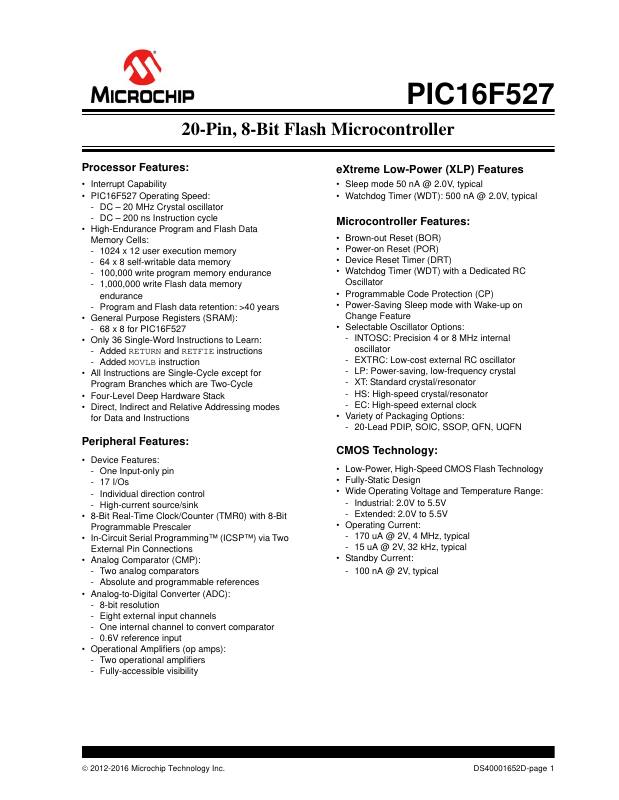PIC16F527T-I/GZ Microchip Technology — datasheet