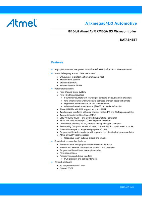 ATXMEGA64D3-15A2T1 Microchip Technology — datasheet