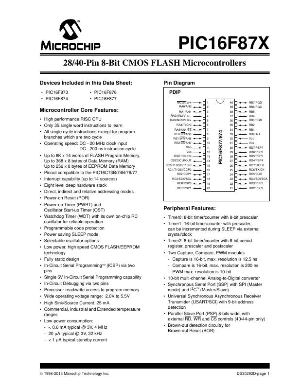 PIC16F876-10E/SO Microchip Technology — datasheet