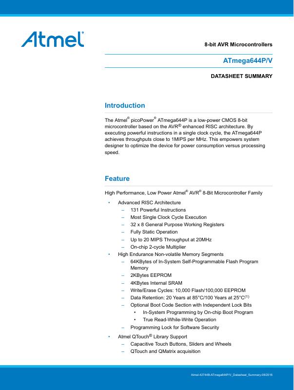ATMEGA644PV-10MQR Microchip Technology — datasheet