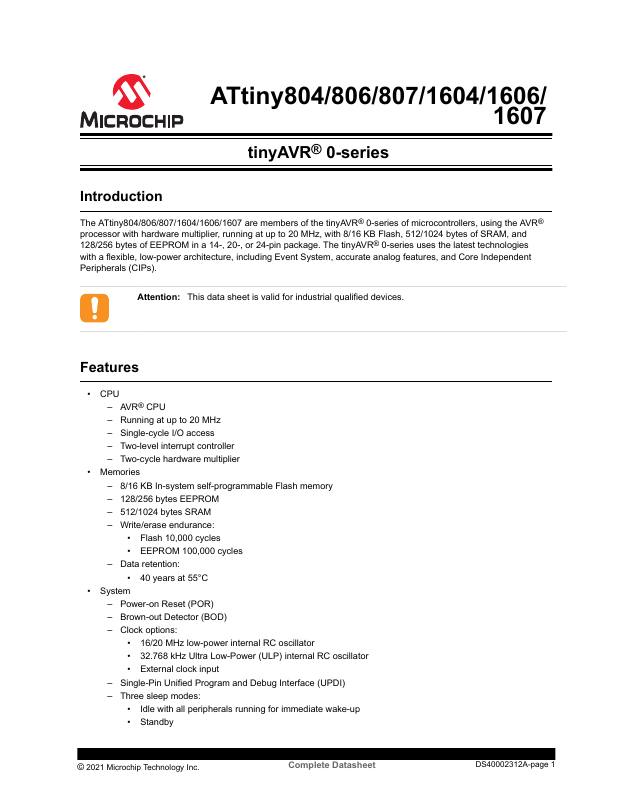 ATTINY807-MNR Microchip Technology — datasheet