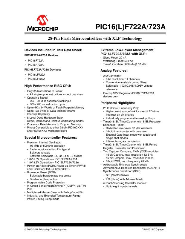 PIC16LF722A-I/SO Microchip Technology — datasheet